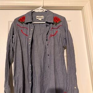 Ariat Blue Button-Down Shirt with Red Rose Embroidery